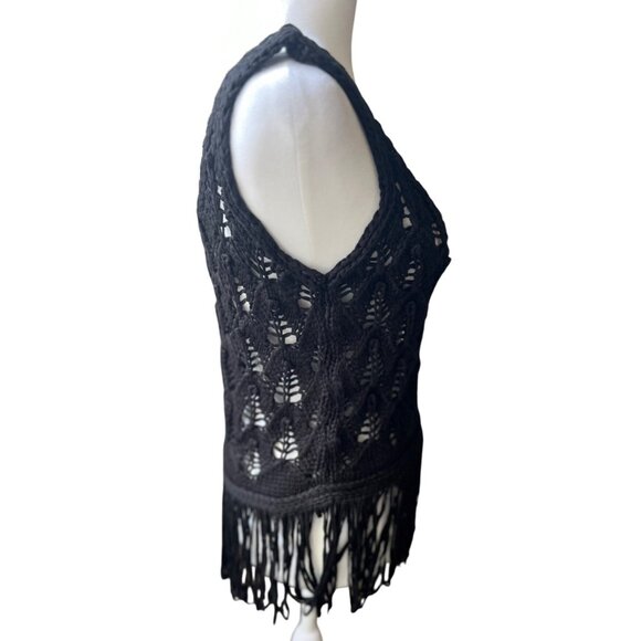 Zara Black Boho Open Weave Knit Crochet Fringe Tank Top Small - Picture 5 of 16